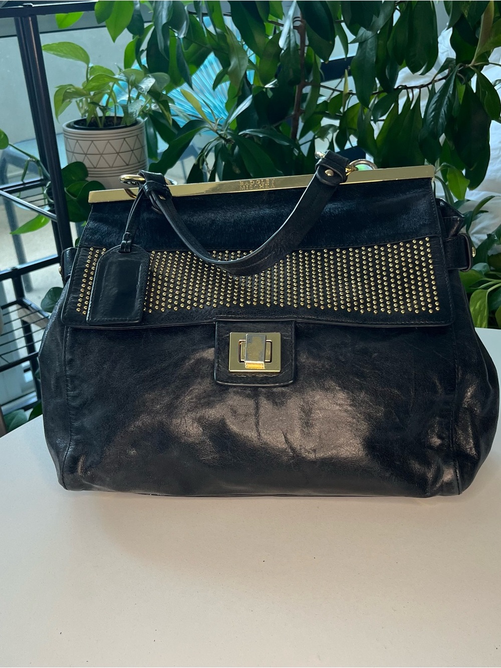 Leather Badgley Mischka Black Satchel with Gold Hardware - Picture 5 of 8